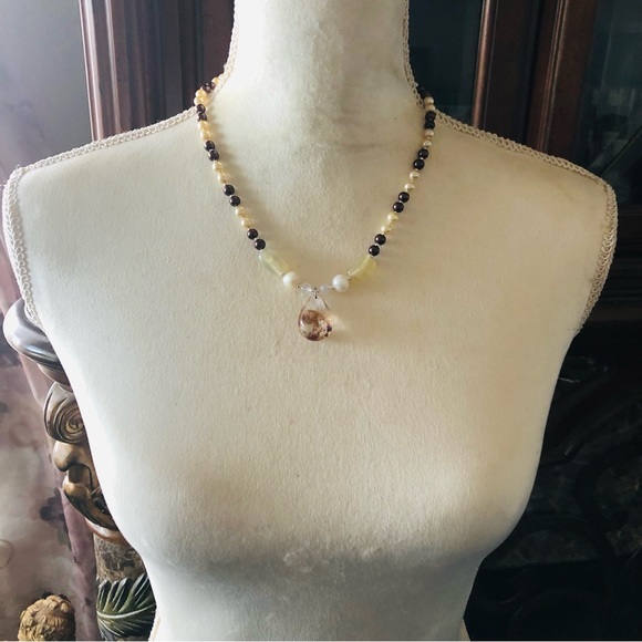 Handcrafted repurpose genuine ghost quartz pendant Czech glass Pearl necklace - Picture 6 of 16